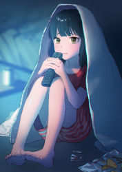 Rule 34 | 1girl, absurdres, bad id, bad pixiv id, bag of chips, barefoot, black hair, blanket, blue background, blurry, blurry background, blush, brown eyes, controller, highres, indoors, knees up, looking at viewer, medium hair, open mouth, original, red shorts, red skirt, remote control, senbei no kakera, short sleeves, shorts, sitting, skirt, solo, striped clothes, striped shorts