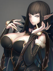 Rule 34 | 1girl, arched back, arms up, black dress, black hair, breasts, bridal gauntlets, cleavage, collarbone, detached sleeves, dress, fate/apocrypha, fate/grand order, fate (series), frills, fur trim, large breasts, long dress, long hair, minami koyogi, one eye closed, pointy ears, semiramis (fate), smile, solo, spikes, very long hair, yellow eyes