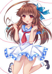 Rule 34 | 10s, 1girl, ahoge, alternate costume, bare shoulders, black footwear, blue sailor collar, braid, brown hair, dress, fang, hair ribbon, hat, jewelry, jumping, kantai collection, ko yu, kuma (kancolle), long hair, neckerchief, necktie, open mouth, red eyes, red neckerchief, ribbon, ring, sailor collar, sailor dress, shoes, simple background, sleeveless, smile, socks, solo, string, string of fate, twin braids, wedding band, white background, white dress, white hat, white socks