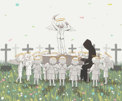 Rule 34 | 6+boys, :d, absurdres, angel, arms at sides, avogado6, barefoot, chair, child, commentary, death (entity), from side, grass, halo, hand up, highres, holding, instrument, jacket, multiple boys, music, necktie, on chair, open mouth, original, pants, playing instrument, shoes, sitting, smile, tombstone, white footwear, white jacket, white neckwear, white pants