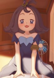 Rule 34 | 1boy, 1girl, :d, acerola (pokemon), armlet, blue dress, blush, collarbone, commentary request, creatures (company), dress, electric fan, flipped hair, game freak, gazing eye, grey dress, grey eyes, hair ornament, hairclip, highres, indoors, medium hair, multicolored clothes, multicolored dress, nintendo, open mouth, pokemon, pokemon sm, purple hair, short sleeves, smile, stitches, sweat, textless version, tongue, topknot, torn clothes, torn dress