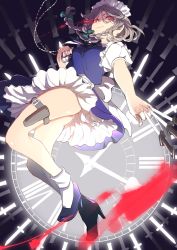 Rule 34 | 1girl, bare legs, between fingers, blue dress, blue footwear, bow, braid, breasts, clock, commentary, dress, green bow, hair bow, hand up, high heels, highres, holding, holding knife, holding weapon, holster, izayoi sakuya, kerok (joniko1110), knife, knives between fingers, looking at viewer, maid, maid headdress, medium breasts, petticoat, pocket watch, puffy short sleeves, puffy sleeves, red eyes, roman numeral, shirt, short dress, short hair, short sleeves, silver hair, smile, socks, solo, thigh holster, thighs, touhou, twin braids, watch, weapon, white shirt, white socks