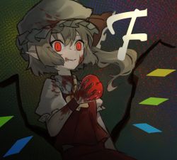 Rule 34 | 1girl, apple, ascot, blonde hair, blood, blood on face, blood on clothes, blood in hair, blood on hands, empty eyes, fang, flandre scarlet, food, frilled shirt collar, frills, fruit, glowing, glowing eyes, hat, holding, holding food, holding fruit, mob cap, nakano elsa, puffy short sleeves, puffy sleeves, red eyes, short sleeves, smile, solo, touhou, upper body, wings