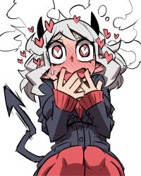 Rule 34 | 1girl, black horns, black suit, black tail, blush, breasts, commentary request, covering own mouth, demon girl, demon horns, demon tail, formal, full-face blush, heart, heart-shaped pupils, helltaker, highres, horns, jin (mugenjin), looking at viewer, medium hair, modeus (helltaker), open mouth, pantyhose, red pantyhose, red sweater, ribbed shirt, shirt, simple background, solo, steam, suit, sweatdrop, sweater, symbol-shaped pupils, tail, v-shaped eyebrows, white background