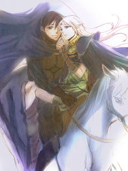 Rule 34 | 1boy, 1girl, arm warmers, armor, boots, brown gloves, cape, couple, deedlit, elf, gloves, hana (interstice), hetero, highres, horse, horseback riding, multiple riders, parn (lodoss), pointy ears, record of lodoss war, riding, smile
