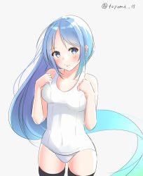 Rule 34 | 1girl, black thighhighs, blue eyes, blue hair, breasts, collarbone, cowboy shot, gradient hair, grey background, kantai collection, long hair, looking at viewer, multicolored hair, one-piece swimsuit, samidare (kancolle), school swimsuit, simple background, small breasts, solo, swept bangs, swimsuit, thighhighs, toyomi 13, twitter username, very long hair, white one-piece swimsuit, white school swimsuit