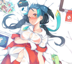 Rule 34 | ^^^, 1girl, absurdres, arm under breasts, bed sheet, black hair, blue hair, blush, breasts, commentary request, from above, gloves, hat, unworn hat, unworn headwear, highres, kemono friends, large breasts, long hair, looking at viewer, low twintails, lying, medium breasts, multicolored hair, navel, nose blush, on back, open mouth, orange eyes, passenger pigeon (kemono friends), photo (object), pikunoma, see-through, shirt, short sleeves, solo, twintails, white gloves, white shirt, wide-eyed, wing collar