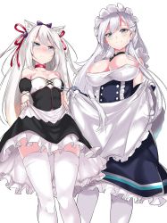 Rule 34 | 2girls, :t, animal ears, aoi takeru, apron, azur lane, bare shoulders, belfast (azur lane), black dress, blue eyes, blush, bow, braid, breasts, buttons, chain, choker, cleavage, clothes lift, collar, collarbone, commentary request, detached sleeves, dress, dress lift, french braid, frilled skirt, frills, from below, gloves, hair between eyes, hair bow, hair ornament, hair ribbon, hammann (azur lane), heart, highres, large breasts, lifted by self, long hair, looking at viewer, maid, maid apron, maid headdress, multiple girls, pout, puffy short sleeves, puffy sleeves, purple bow, red ribbon, remodel (azur lane), ribbon, short sleeves, simple background, skirt, skirt lift, small breasts, smile, spoken heart, spoken squiggle, squiggle, strapless, sweatdrop, thighhighs, tsurime, turret, two side up, upskirt, very long hair, white background, white gloves, white hair, white legwear