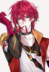 Rule 34 | 1boy, belt, black belt, blue eyes, commentary, derivative work, earrings, english commentary, highres, honkai: star rail, honkai (series), jewelry, luka (honkai: star rail), male focus, mechanical arms, necklace, red bandage, red hair, shirt, short hair, simple background, single mechanical arm, solo, torn clothes, upper body, white background, white shirt, z0umu