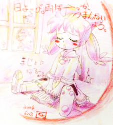 Rule 34 | 1990s (style), 1girl, between legs, blush stickers, book, bow, character name, closed eyes, dated, fingernails, fushigi mahou fun fun pharmacy, hair bow, hand between legs, mouse (animal), neibii, open mouth, paw shoes, popuri, popuri (fushigi mahou fun fun pharmacy), retro artstyle, shoes, signature, sitting, sketch, skirt, snail, solo, tree, twintails, window