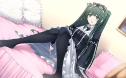 Rule 34 | 1girl, bed, blush, frilled pillow, frilled thighhighs, frills, game cg, gothic lolita, green eyes, hairband, legs, lolita fashion, lolita hairband, no shoes, on bed, pillow, rikudou sui, sitting, smile, tel-o, thighhighs, two side up, yamiyo ni odore