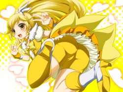Rule 34 | 10s, 1girl, blonde hair, blush, bow, cameltoe, cure peace, hair flaps, heart, kise yayoi, long hair, open mouth, precure, shorts, shorts under skirt, skirt, smile, smile precure!, solo, toron (mino106), v, yellow bow, yellow shorts, yellow skirt, yellow theme