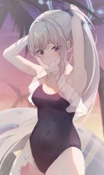 Rule 34 | 1girl, absurdres, arms up, blue archive, blue eyes, blue halo, blue ribbon, blurry, blush, breasts, chingo (pixiv8584617), commentary request, covered navel, cowboy shot, depth of field, frilled one-piece swimsuit, frills, grey hair, hair ribbon, halo, highres, innertube, long hair, looking at viewer, miyako (blue archive), miyako (swimsuit) (blue archive), mouth hold, official alternate costume, one-piece swimsuit, palm tree, phone, ponytail, ribbon, sky, small breasts, solo, swim ring, swimsuit, tree, tying hair, very long hair