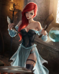 Rule 34 | 1girl, animal, ariel (disney), bare shoulders, black thighhighs, blondynkitezgraja, blue dress, blue eyes, blurry, blush, breasts, candle, candlelight, candlestand, cleavage, collarbone, commentary, cowboy shot, cutting board, depth of field, dress, english commentary, fish, fish tank, frills, garter straps, highres, holding, holding animal, holding fish, holding knife, indoors, kitchen knife, knife, long hair, long sleeves, looking away, medium breasts, off-shoulder dress, off shoulder, parted lips, red hair, red lips, see-through, side slit, signature, skindentation, solo, the little mermaid, thigh strap, thighhighs, wall, watermark, web address, window