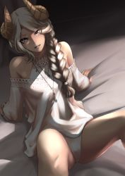 Rule 34 | 1girl, :d, bare legs, bed sheet, braid, braided ponytail, grey eyes, grey hair, hair over shoulder, highres, horns, jewelry, leaning back, long hair, long sleeves, looking at viewer, off-shoulder shirt, off shoulder, open mouth, original, panties, parted bangs, pendant, ponytail, shirt, smile, solo, underwear, very long hair, white panties, white shirt, z umeshi