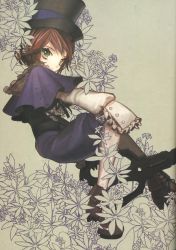 Rule 34 | 00s, absurdres, brown hair, dress, flower, hat, heterochromia, highres, looking at viewer, pantyhose, rozen maiden, scan, scissors, solo, souseiseki, top hat, wada arco
