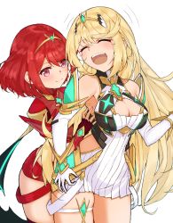 Rule 34 | 2girls, bare legs, bare shoulders, black gloves, blonde hair, breasts, chest jewel, cleavage, cleavage cutout, clothing cutout, commentary, dress, earrings, elbow gloves, fingerless gloves, gloves, highres, jewelry, large breasts, long hair, multiple girls, mythra (xenoblade), pyra (xenoblade), red eyes, red hair, red legwear, red shorts, shizuki muika, short dress, short hair, short shorts, shorts, swept bangs, thigh strap, thighhighs, tiara, tickling, tickling armpits, very long hair, white dress, white gloves, xenoblade chronicles (series), xenoblade chronicles 2, yellow eyes