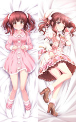 Rule 34 | 1girl, ;), bed sheet, beret, blush, boots, breasts, brown footwear, brown hair, closed mouth, commentary request, dakimakura (medium), dress, fur-trimmed boots, fur trim, hand up, hat, high heel boots, high heels, idolmaster, idolmaster cinderella girls, layered sleeves, long sleeves, lying, multiple views, no shoes, ogata chieri, on back, on side, one eye closed, pink dress, puffy short sleeves, puffy sleeves, red eyes, short over long sleeves, short sleeves, small breasts, smile, socks, sui. (ayase), twintails, white dress, white headwear, white legwear