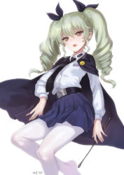 Rule 34 | 10s, 1girl, :o, anchovy (girls und panzer), artist name, belt, black cape, black necktie, black ribbon, blue skirt, brown eyes, cape, collared shirt, drill hair, girls und panzer, green hair, hair between eyes, hair ribbon, holding, holding riding crop, leg up, long hair, looking at viewer, meto31, miniskirt, necktie, open mouth, pantyhose, ribbon, riding crop, shirt, simple background, skirt, solo, standing, standing on one leg, tsurime, twin drills, twintails, white background, white pantyhose, white shirt, wing collar