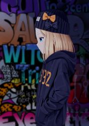Rule 34 | 1girl, abigail williams (fate), absurdres, alternate costume, beanie, black bow, black hat, blonde hair, blue eyes, blue hoodie, blurry, blurry background, bow, closed mouth, clothes writing, commentary request, crossed bandaids, depth of field, drawstring, english text, fate/grand order, fate (series), graffiti, hair bow, hand in pocket, hat, hat bow, highres, hood, hood down, hoodie, long hair, multiple hair bows, orange bow, print bow, profile, sanpeita, solo, star (symbol), star print, upper body