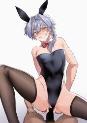 Rule 34 | 2boys, absurdres, anal, animal ears, anus, armpit crease, bare shoulders, black leotard, blush, bow, bowtie, brown thighhighs, bulge, censored, clothing aside, commentary request, covered navel, crossdressing, dark-skinned male, dark skin, detached collar, fake animal ears, fang, feet out of frame, gradient background, grey background, grey hair, hair between eyes, hair intakes, hair over shoulder, highleg, highleg leotard, highres, idolmaster, idolmaster side-m, kizaki ren, knee up, leaning back, leotard, leotard aside, long hair, male focus, male penetrated, male playboy bunny, multiple boys, omiyacha, playboy bunny, ponytail, pov, puffy chest, rabbit ears, red bow, red bowtie, shiny skin, spread anus, straddling, sweatdrop, thighhighs, thighs, trap, v-shaped eyebrows, white background, yaoi, yellow eyes