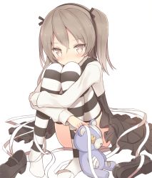 Rule 34 | 10s, 1girl, bandages, blush, brown eyes, brown hair, girls und panzer, hair ribbon, hairband, hugging own legs, knees to chest, knees together feet apart, long hair, long sleeves, looking at viewer, ribbon, shimada arisu, shirt, shoes, shuuichi (gothics), sitting, skirt, solo, striped clothes, striped thighhighs, stuffed animal, stuffed toy, teddy bear, thighhighs, twintails, unworn shoes