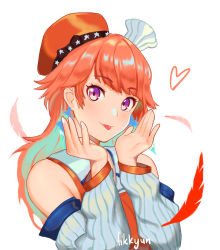 Rule 34 | 1girl, aqua hair, artist name, beret, blush, chef hat, detached sleeves, earrings, feather earrings, feathers, fikkyun, hat, heart, highres, hololive, hololive english, jewelry, long sleeves, looking at viewer, multicolored hair, nail polish, orange hair, pink nails, purple eyes, solo, takanashi kiara, tongue, tongue out, two-tone hair, upper body, virtual youtuber, white background