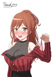 Rule 34 | 1girl, :d, absurdres, ariatorai, bang dream!, black skirt, blush, breasts, brown hair, cleavage, clothes pull, collarbone, condom, cum, earrings, english text, green eyes, half updo, highres, holding, holding condom, imai lisa, jewelry, large breasts, long hair, long sleeves, looking at viewer, open mouth, rabbit earrings, red shirt, shirt, shirt pull, sidelocks, simple background, skirt, smile, solo, striped clothes, striped shirt, thank you, tongue, used condom, vertical-striped clothes, vertical-striped shirt, white background
