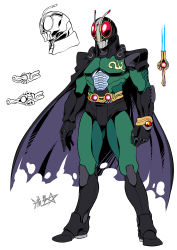 Rule 34 | 1boy, armor, black cape, cape, energy sword, full body, gauntlets, helmet, highres, kamen rider, kamen rider black rx, pauldrons, purple cape, ryuusei (mark ii), shoulder armor, signature, simple background, solo, standing, sword, two-sided cape, two-sided fabric, weapon, white background