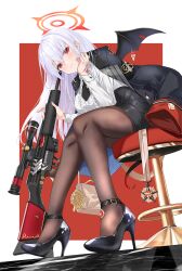 Rule 34 | 1girl, black footwear, black skirt, black tail, black wings, blue archive, blush, breasts, brown pantyhose, center frills, closed mouth, coat, demon wings, dress shirt, fatkewell, foreshortening, frilled shirt, frills, from below, grey hair, gun, h&amp;k psg1, halo, haruna (blue archive), head rest, high heels, highres, holding, holding weapon, jacket, jacket on shoulders, large breasts, leaning forward, long hair, long sleeves, looking at viewer, necktie, open clothes, open coat, pantyhose, pencil skirt, red eyes, red halo, rifle, shirt, shirt tucked in, simple background, single wing, sitting, skirt, smile, sniper rifle, solo, stool, tail, weapon, white hair, white shirt, wing piercing, wings