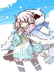 Rule 34 | 1girl, ahoge, alternate costume, animal hood, black pantyhose, blue capelet, blue sweater, blush, capelet, closed eyes, closed mouth, contrapposto, facing viewer, feet out of frame, fur-trimmed capelet, fur trim, gradient sweater, hand up, hip gear, hood, hood down, hooded capelet, long sleeves, moyasiwhite, pantyhose, pleated skirt, purple hair, purple skirt, rabbit hood, ribbed sweater, short hair with long locks, skirt, smile, snowing, solo, standing, sweater, v-shaped eyebrows, vocaloid, voiceroid, wind, yuzuki yukari