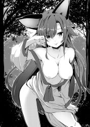 Rule 34 | 1girl, animal ears, bare shoulders, breasts, brooch, collarbone, contrapposto, cowboy shot, eyebrows, greyscale, imaizumi kagerou, jewelry, large breasts, long hair, long sleeves, looking at viewer, monochrome, nipples, no panties, noa (nagareboshi), outdoors, solo, standing, tail, tongue, tongue out, touhou, tree, very long hair, wolf ears, wolf tail