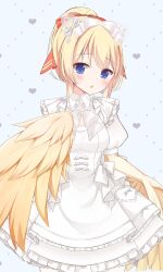 Rule 34 | 1girl, artist name, artist request, blonde hair, blue eyes, blush, bow, bowtie, breasts, collar, dress, dress bow, feathers, frilled collar, frilled dress, frills, grey background, hair bow, hair ribbon, harpy, heart, heart background, highres, indie virtual youtuber, maid day, mavia (vtuber), monster girl, orange ribbon, puffy short sleeves, puffy sleeves, ribbon, second-party source, short sleeves, sidelocks, solo, white bow, white bowtie, white dress, white ribbon, yellow feathers