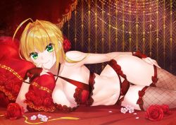Rule 34 | 1girl, ahoge, arm at side, blonde hair, bra, braid, breasts, bridal gauntlets, cleavage, criss-cross halter, fate/grand order, fate (series), fishnet thighhighs, fishnets, flower, green eyes, hair flower, hair intakes, hair ornament, halterneck, lace, lace-trimmed bra, lace-trimmed panties, lace trim, large breasts, lingerie, looking at viewer, lying, nero claudius (fate), nero claudius (fate) (all), nero claudius (fate/extra), on bed, on side, onigiri-kun (demmy), panties, red bra, red panties, side braid, smile, solo, thighhighs, underwear, underwear only