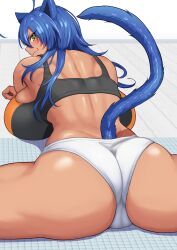 Rule 34 | 1girl, :3, absurdres, ahoge, animal ears, ass, back, bare shoulders, blush, breasts, buruma, cameltoe, cat ears, cat girl, cat tail, clothing cutout, dark-skinned female, dark skin, hair between eyes, harurukan, highres, huge breasts, long hair, looking at viewer, lying, median furrow, on floor, on stomach, original, solo, sports bra, spread legs, tail, tail through clothes, thick thighs, thighs, toned, two-tone sports bra, white buruma, yellow eyes
