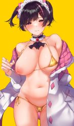 Rule 34 | 1girl, bare shoulders, bikini, blush, breasts, brown hair, coat, collarbone, hechi (hechi322), highres, large breasts, long sleeves, looking at viewer, nipples, off shoulder, one breast out, open clothes, open coat, original, solo, swimsuit, thighs, twintails, white coat, yellow bikini