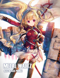 Rule 34 | 1girl, a43 black prince (panzer waltz), black pantyhose, blonde hair, blunt bangs, blurry, caterpillar tracks, character name, closed mouth, copyright name, depth of field, epaulettes, flag, floating hair, hair bun, heiwari kanade, highres, katana, long hair, looking at viewer, military, military uniform, one side up, outstretched arms, pantyhose, panzer waltz, personification, red eyes, rigging, sheath, sheathed, side bun, single hair bun, single side bun, smile, solo, standing, sword, uniform, very long hair, wavy hair, weapon