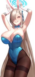 Rule 34 | 1girl, absurdres, animal ears, armpits, arms up, asuna (blue archive), asuna (bunny) (blue archive), bare shoulders, blue archive, blue eyes, blue leotard, bow, bowtie, breasts, brown hair, brown pantyhose, bumblog, cleavage, commission, covered navel, cowboy shot, detached collar, fake animal ears, gloves, grin, hair over one eye, hair ribbon, hairband, halo, highleg, highleg leotard, highres, large breasts, leotard, long hair, looking up, mole, mole on breast, official alternate costume, pantyhose, playboy bunny, rabbit ears, rabbit pose, ribbon, simple background, skindentation, smile, solo, standing, strapless, strapless leotard, thighband pantyhose, very long hair, white background, white gloves, white hairband