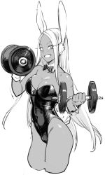 Rule 34 | 1girl, animal ears, bare shoulders, boku no hero academia, bow, bowtie, commentary request, cowboy shot, dark-skinned female, dark skin, detached collar, dumbbell, fake animal ears, greyscale, highres, holding, leotard, long hair, looking at viewer, mirko, monochrome, playboy bunny, prime, rabbit ears, rabbit girl, rabbit tail, sleeveless, solo, strapless, strapless leotard, tail, teeth, very long hair, wrist cuffs