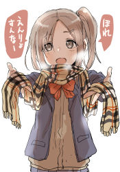 Rule 34 | 1girl, :d, absurdres, blazer, blue jacket, blush, bow, breath, brown cardigan, brown eyes, brown hair, brown scarf, cardigan, commentary request, forehead, fringe trim, grey skirt, hair ornament, hairclip, highres, holding, jacket, looking at viewer, open clothes, open jacket, open mouth, original, parted bangs, plaid, plaid scarf, pleated skirt, red bow, scarf, school uniform, side ponytail, simple background, skirt, smile, solo, translation request, upper body, white background, yamamoto souichirou
