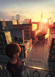 Rule 34 | 1girl, billboard, building, closed eyes, cup, empire state building, highres, lens flare, mug, natsu (hottopeppa3390), new york city, original, revision, scenery, short hair, solo, sunset, traffic light, tree
