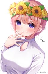Rule 34 | 1girl, blush, breasts, closed mouth, commentary request, flower, go-toubun no hanayome, hair flower, hair ornament, hand on own face, hand up, head wreath, highres, itoi toi, long sleeves, looking at viewer, medium breasts, nakano ichika, pink hair, purple eyes, rose, shirt, short hair, signature, simple background, smile, solo, sunflower, sunflower hair ornament, twitter username, upper body, white background, white shirt, yellow flower, yellow rose