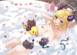 Rule 34 | &gt; &lt;, 1girl, bath, bathing, bathtub, blonde hair, blue eyes, blush stickers, breast tattoo, breasts, bubble bath, chocolat-chan (yuzuki choco), completely nude, demon girl, demon horns, demon tail, fang, heart, heart tattoo, hololive, horns, large breasts, long hair, looking at viewer, nanaushi, nude, open mouth, petals, rubber duck, skin fang, smile, soap bubbles, tail, tattoo, virtual youtuber, winged heart tattoo, yuzuki choco