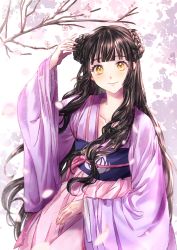 Rule 34 | 1girl, braid, braided bun, branch, chinese clothes, day, double bun, hair bun, hand up, highres, jiang yanli, long hair, modao zushi, outdoors, solo, sr illust, white background, wide sleeves, yellow eyes
