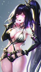 Rule 34 | 1girl, architect (girls&#039; frontline), architect (nvw model) (girls&#039; frontline), bad id, bad pixiv id, bare shoulders, black gloves, black hair, black one-piece swimsuit, breasts, cleavage, commission, dano, elbow gloves, feet out of frame, finger to face, fingerless gloves, girls&#039; frontline, gloves, hand on own hip, highres, huge breasts, long hair, nail polish, navel, one-piece swimsuit, open mouth, pink nails, pixiv commission, ponytail, purple eyes, sangvis ferri, solo, standing, swimsuit, very long hair, wet