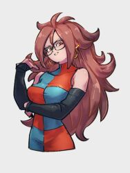 Rule 34 | 1girl, android 21, black sleeves, breasts, checkered clothes, checkered dress, detached sleeves, dragon ball, dragon ball fighterz, dress, earrings, glasses, grey background, hoop earrings, jewelry, kemachiku, long hair, looking at viewer, majin android 21, medium breasts, red eyes, red hair, simple background, smile, solo