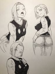 Rule 34 | 1girl, android 18, ass, belt, blonde hair, breasts, closed mouth, denim, dragon ball, dragonball z, greyscale, highres, large breasts, looking at viewer, medium breasts, monochrome, open mouth, short hair, simple background, smile, solo, toshinoshin, white background