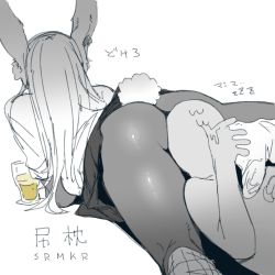 Rule 34 | 1boy, 1girl, animal ears, ass, ass pillow, assisted exposure, boku no hero academia, clothes lift, cup, dark-skinned female, dark skin, drinking glass, ettone, greyscale, highres, lying, mirko, monochrome, no panties, on stomach, open mouth, rabbit ears, rabbit tail, school uniform, simple background, skirt, skirt lift, socks, tail, text focus, translation request, white background
