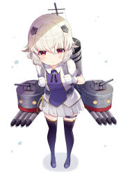 Rule 34 | 1girl, azur lane, black thighhighs, blush, bulldog (azur lane), cannon, commentary request, full body, gloves, hair ornament, hairclip, looking at viewer, red eyes, short hair, simple background, solo, standing, thighhighs, torpedo tubes, turret, white background, white gloves, white hair, yoshino saku