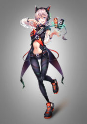 Rule 34 | 1girl, absurdres, arm up, bare shoulders, belt, black footwear, black pantyhose, black shirt, black shorts, blouse, blue eyes, braid, breasts, can, center opening, clothing cutout, dive to zone, energy drink, fake horns, fang, floating hair, fukuzawa yukichi (egoist867), full body, hair between eyes, headphones, highres, horns, huge filesize, leg up, long hair, long sleeves, looking at viewer, medium breasts, micro shorts, multicolored nails, nail polish, navel, open mouth, pantyhose, see-through, see-through sleeves, shirt, shoes, shorts, shoulder cutout, silver hair, single braid, smile, sneakers, solo, standing, standing on one leg, stomach, suspenders, tailcoat, tongue, tongue out, v-shaped eyebrows